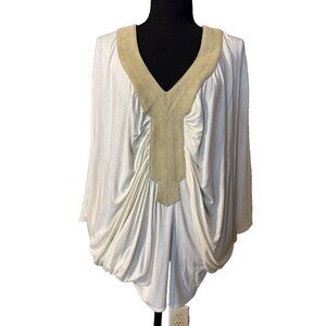 SKY Brand Top M White Tan Suede Trim Stretch Flowy Dolman Grecian Kimomo NEW